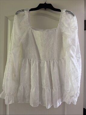 SHEIN White Smocked Peplum Blouse with Sheer Floral Balloon Sleeves